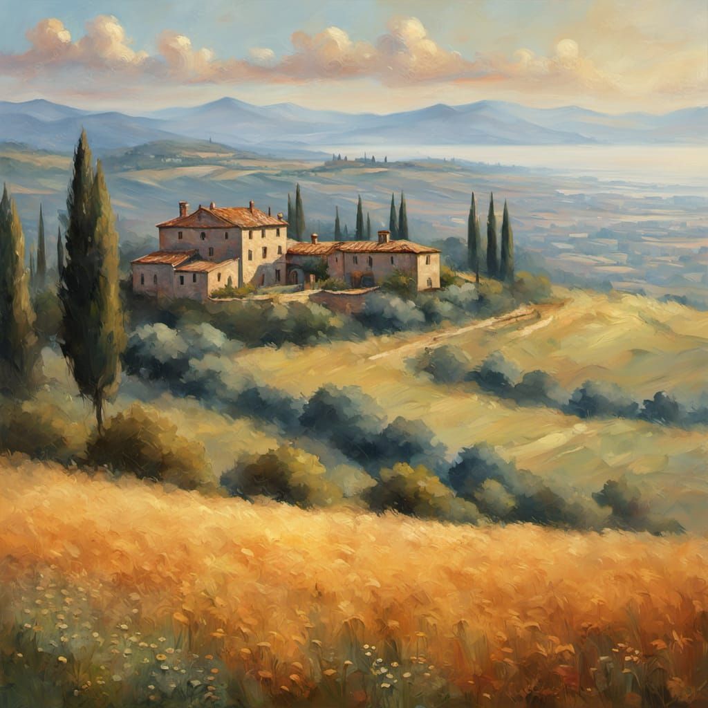 Tuscan Villa Landscape in Warm Impressionist Light