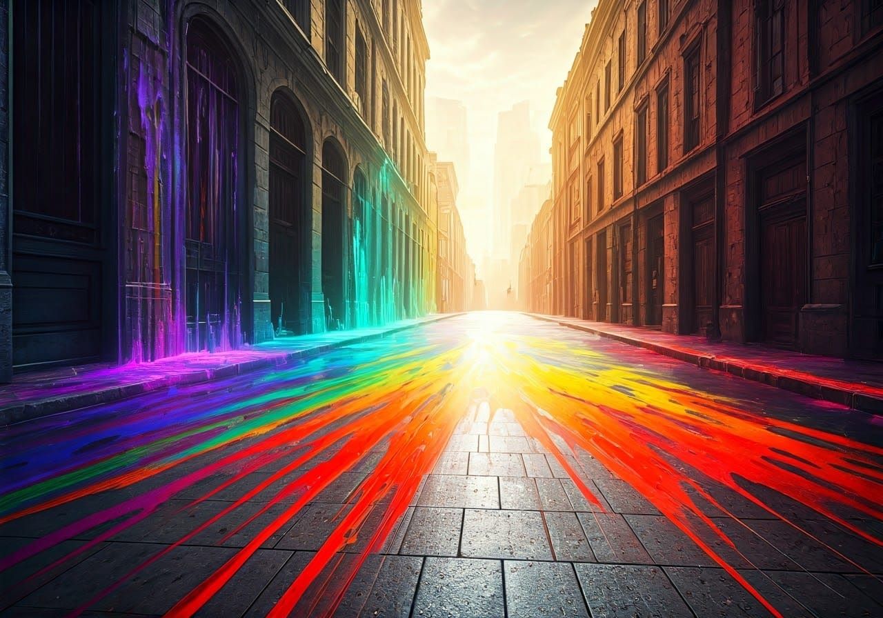 A rainbow dripping colourful paint onto a grey city