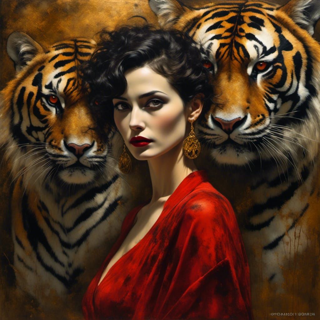 Surreal Portrait of Woman and Tiger in Dreamscape