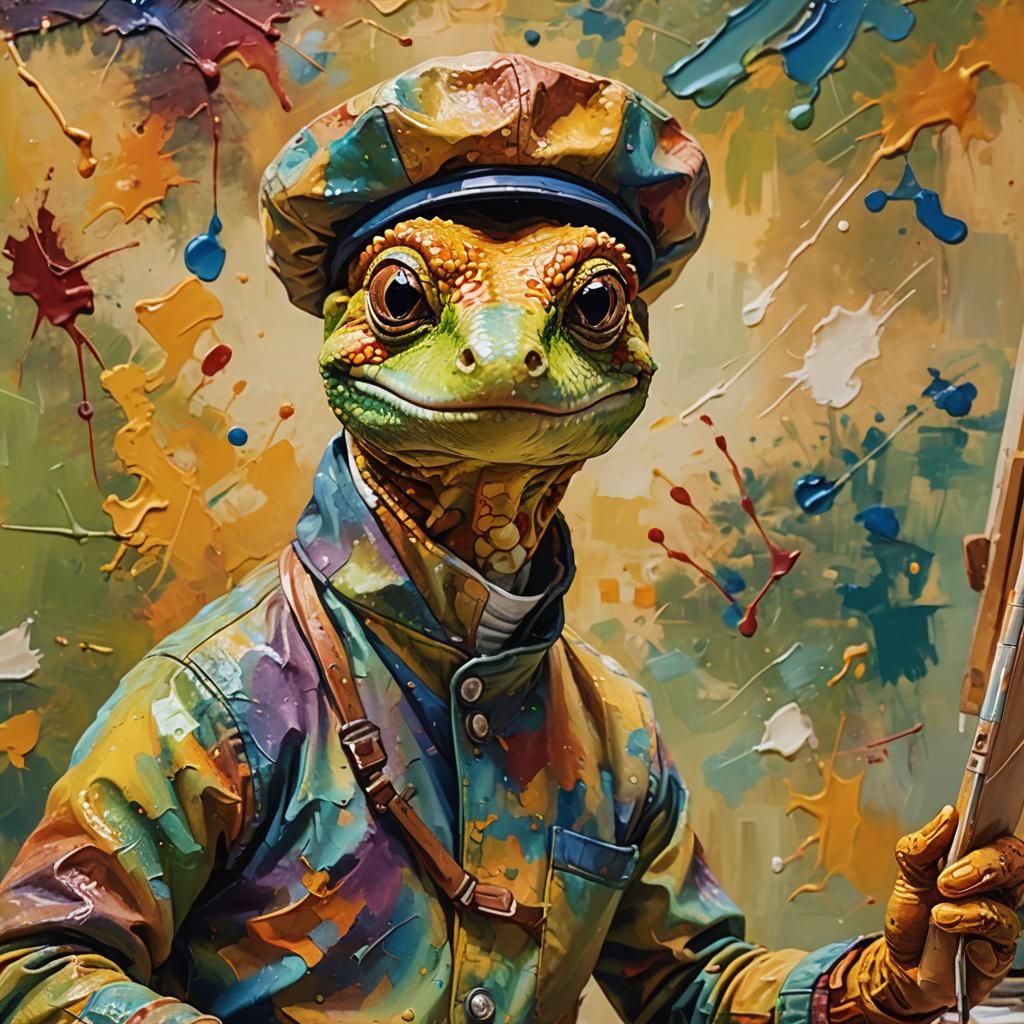 Gecko Painter's Selfie: Whimsical Impressionism in Oil