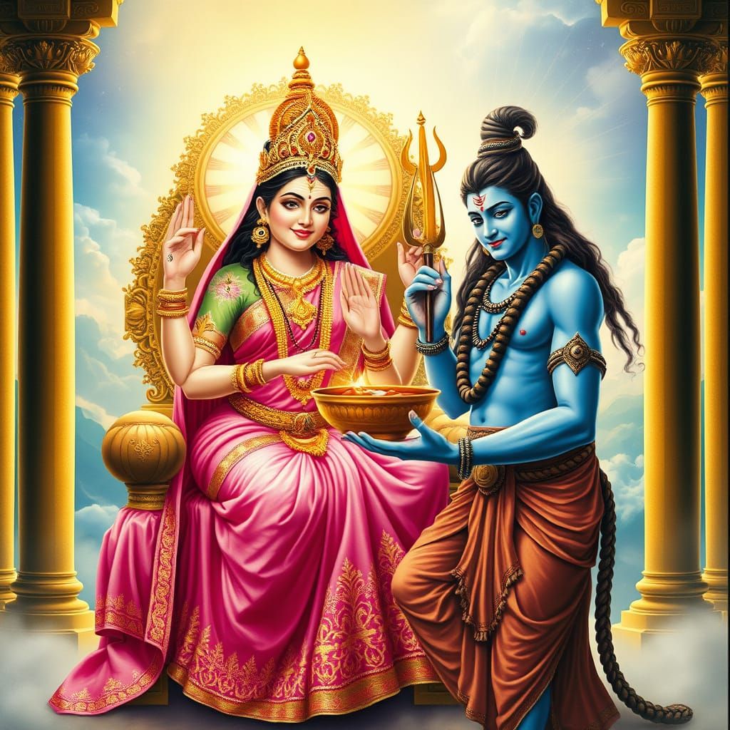 Goddess Annapurna Offers Sustenance to Lord Shiva in a Celes...
