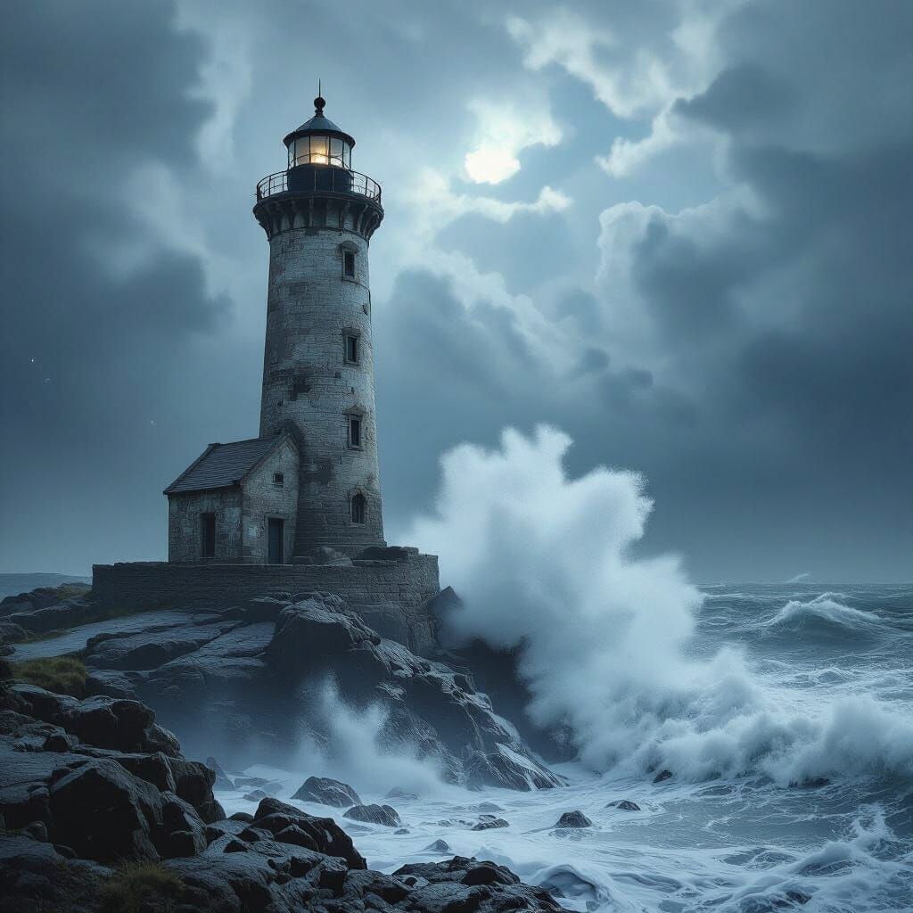 A solitary, weathered lighthouse stands defiantly against a ...