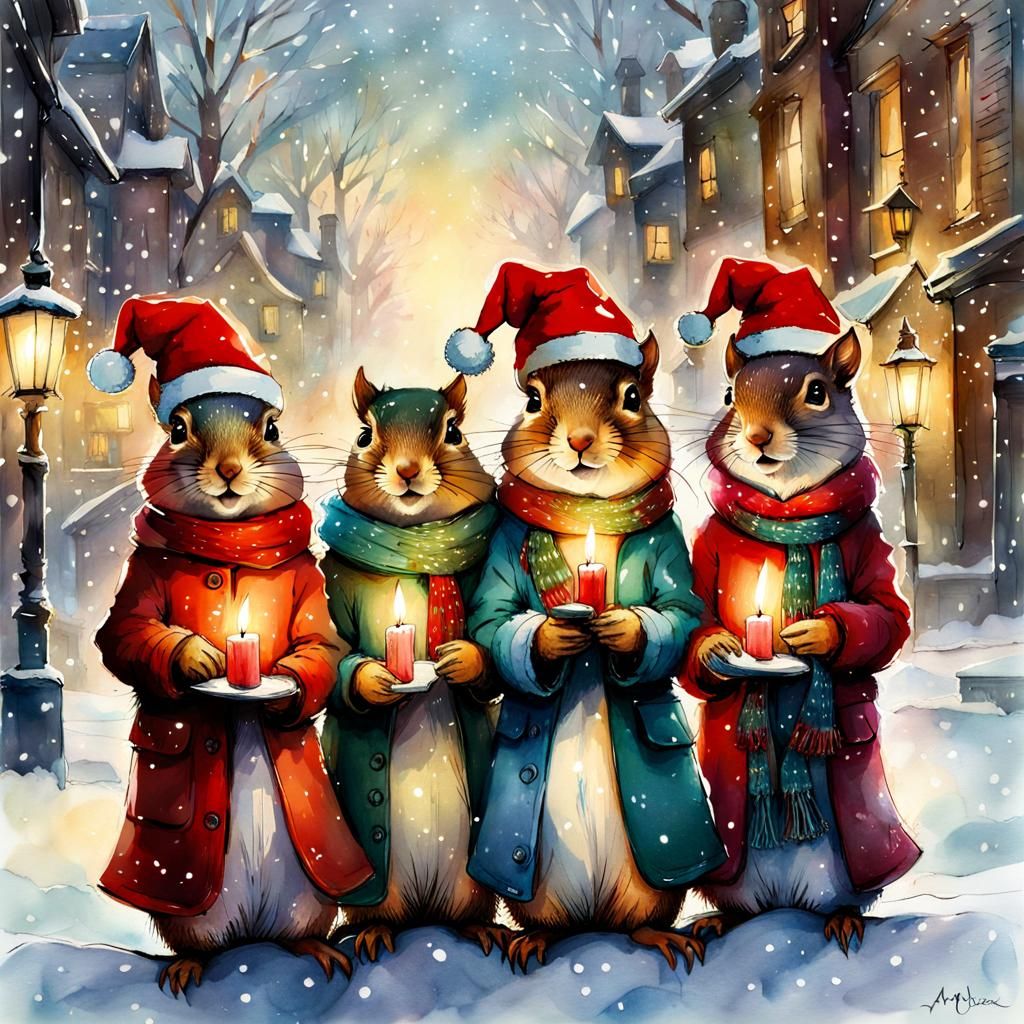 Squirrels Christmas Caroling: Digital Watercolor Illustratio...