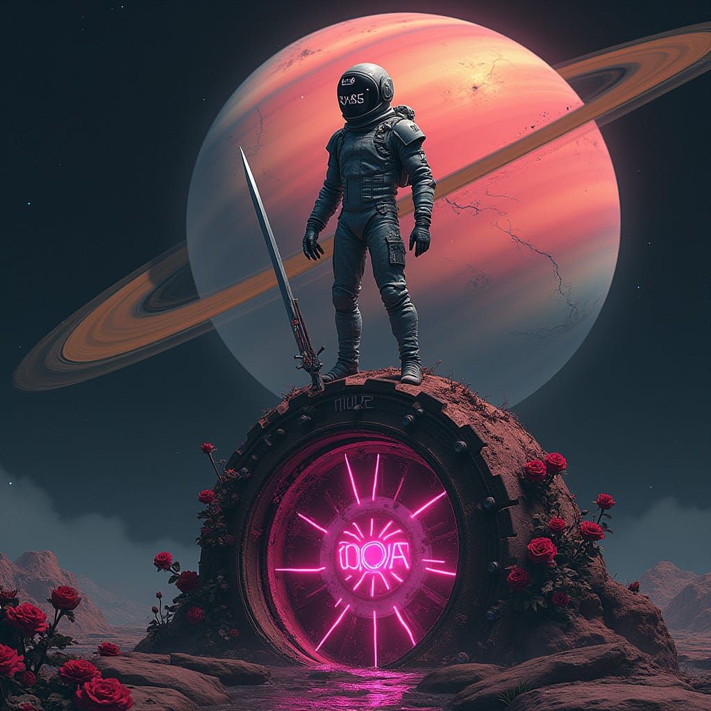 Surreal Cyberpunk Scene with Retro-Futuristic Figure and Sha...