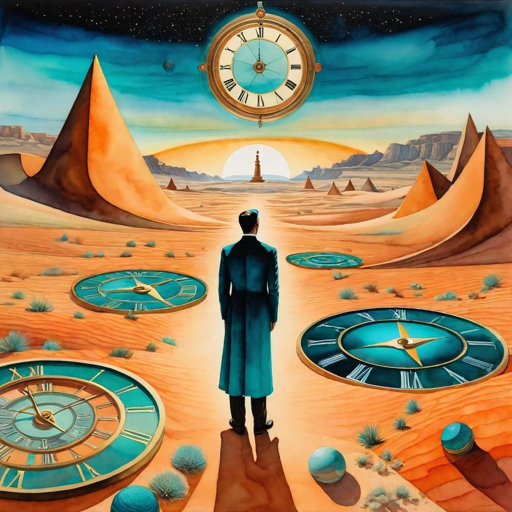 Esoteric Desert Vision with Clocks, Watercolor Style