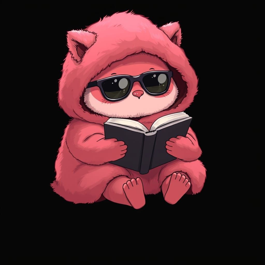 Fluffy Pink Creature Reads Book in Cartoon Style