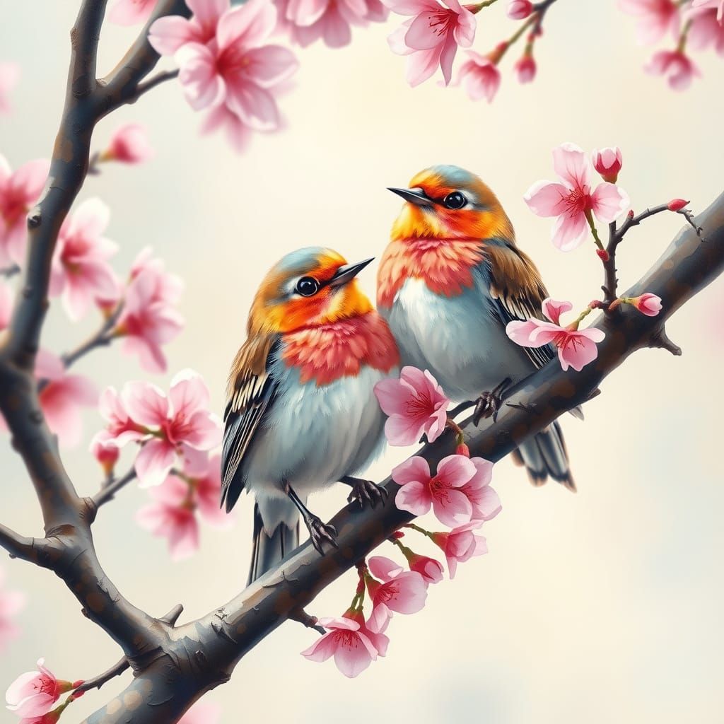Birds on Cherry Blossom Branch in Gouache and Watercolor