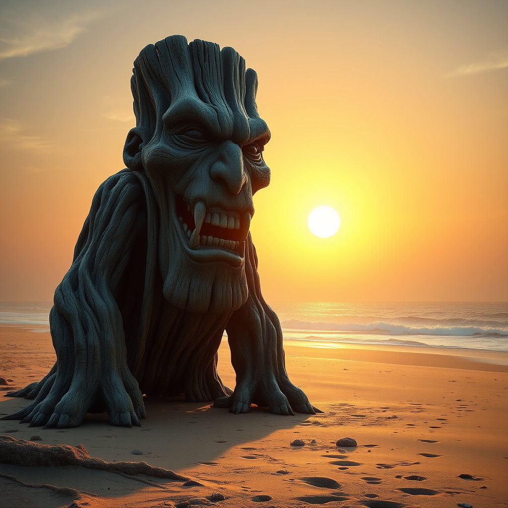 Menacing Wooden Beach Statue with Gormless Stare