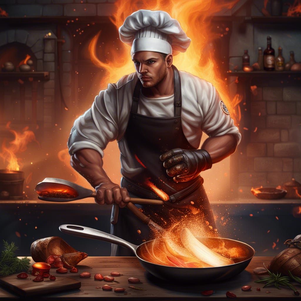 Fantasy Chef Wields Fireball and Frying Pan