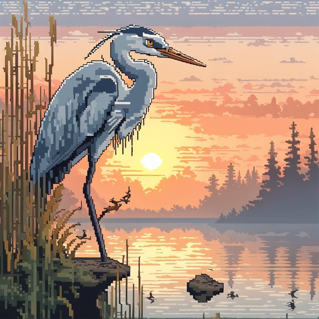 16-bit Heron Fishing at Sunrise Pixel Art