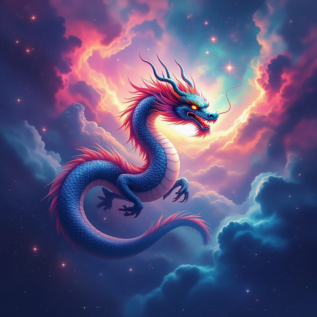 Chinese Dragon Soaring Through a Cosmic Nebula