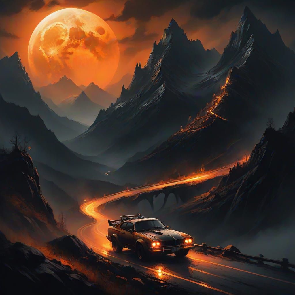 Demonic Car Speeds Down Alpine Road Under Glowing Orange Moo...