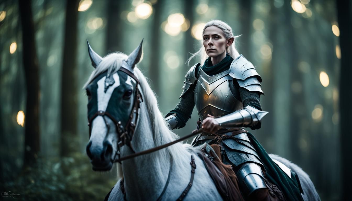 Elf Warrior on Horseback in Dark Forest