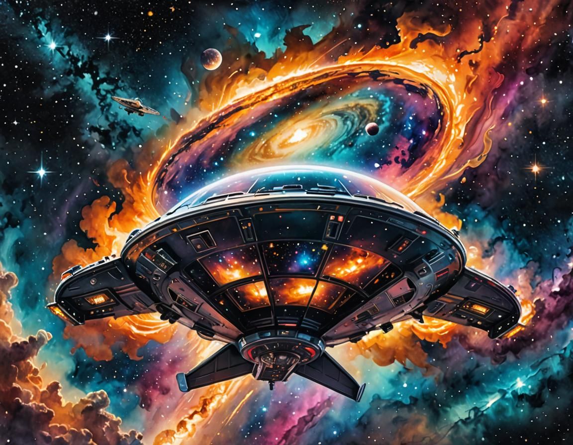Cosmic Splash Art: UFO in Burning Galaxy