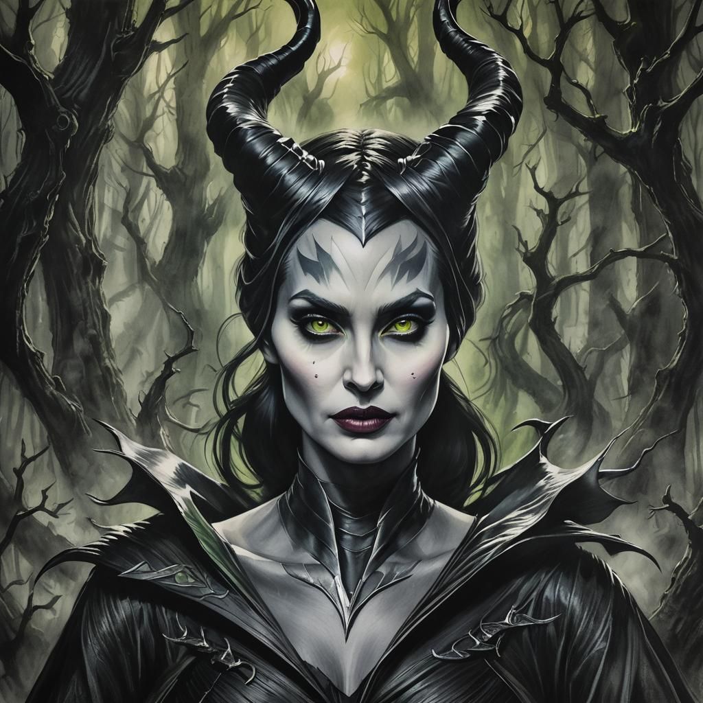 Eerie Charcoal Portrait of Maleficent in Dark Forest