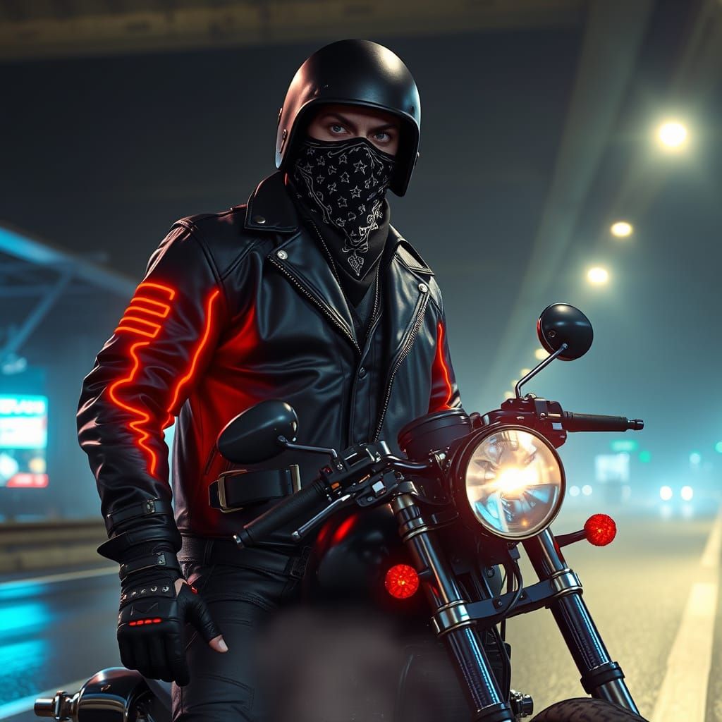 Confident Outlaw Biker Under Neon Highway Overpass