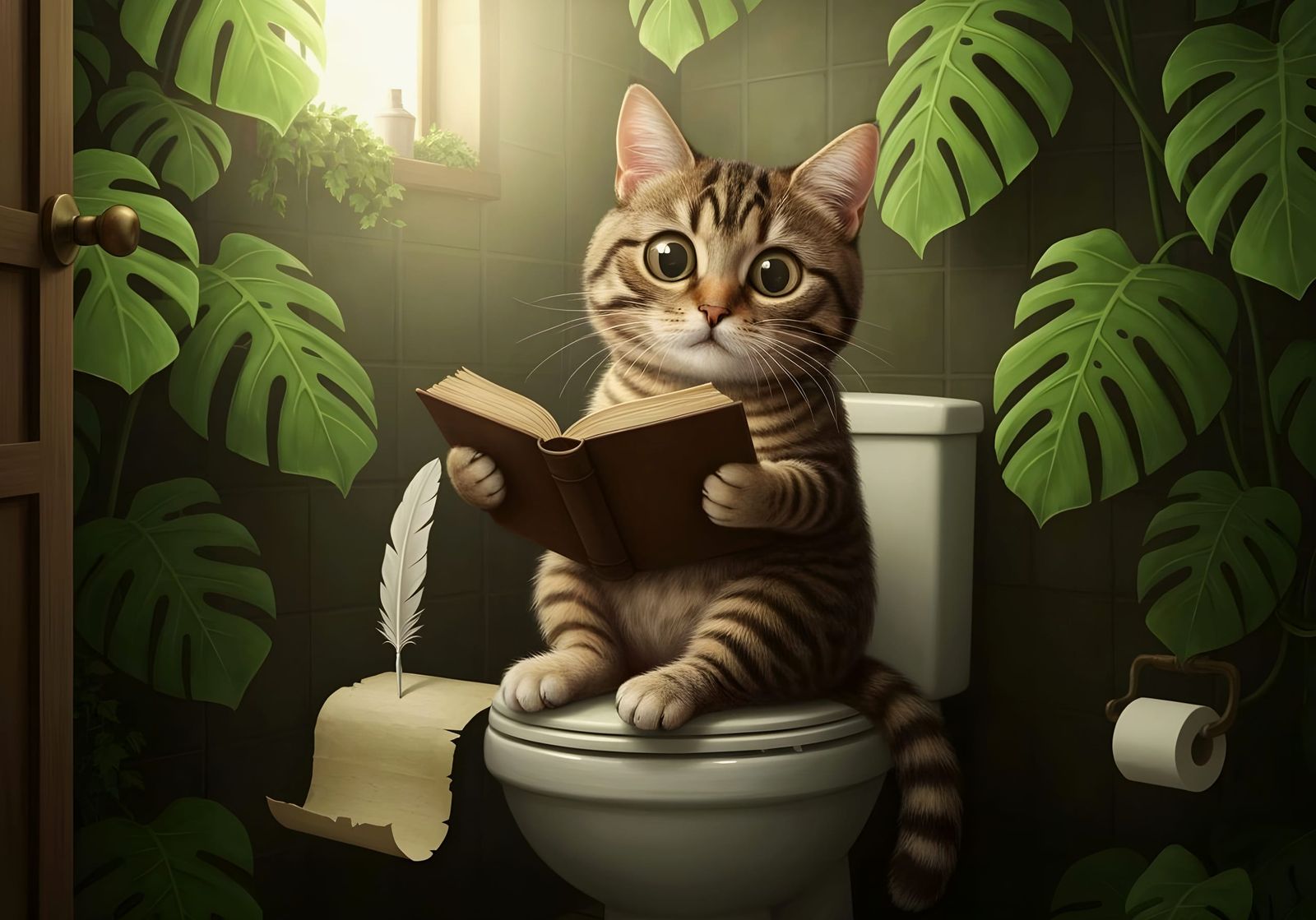 Funny Cat Reading on Toilet in Baroque Art Nouveau Style