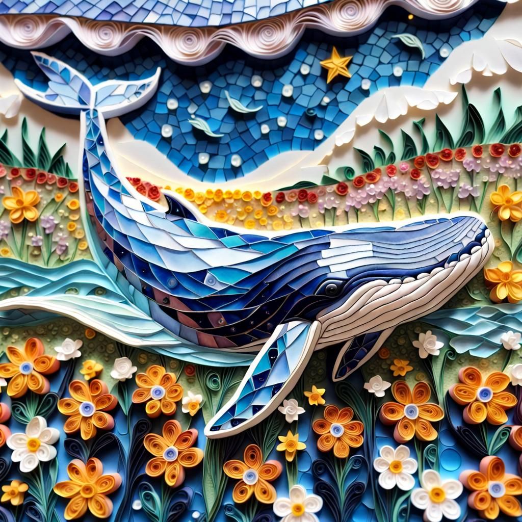 Blue Whale in Flower Field, Baroque Paper Art