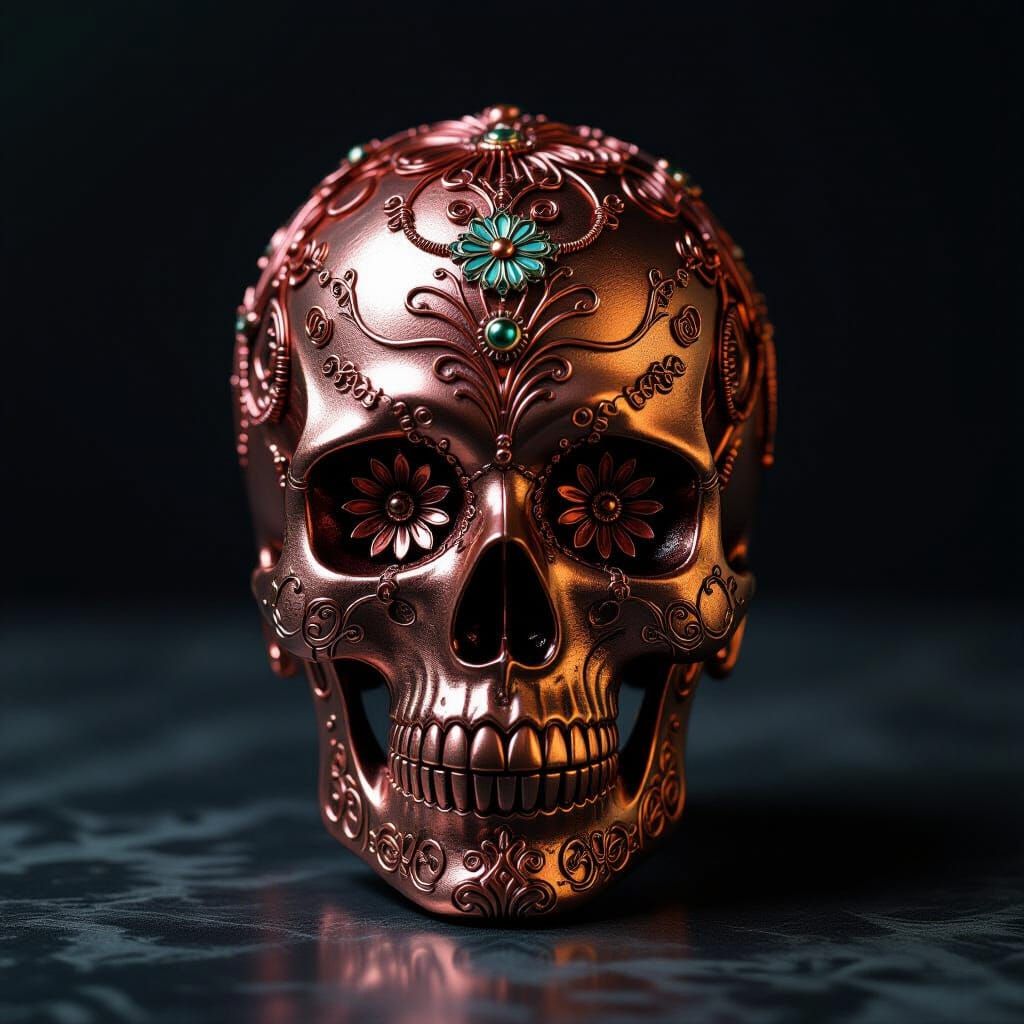 Copper Sugar Skull with Wirework in Steampunk Style