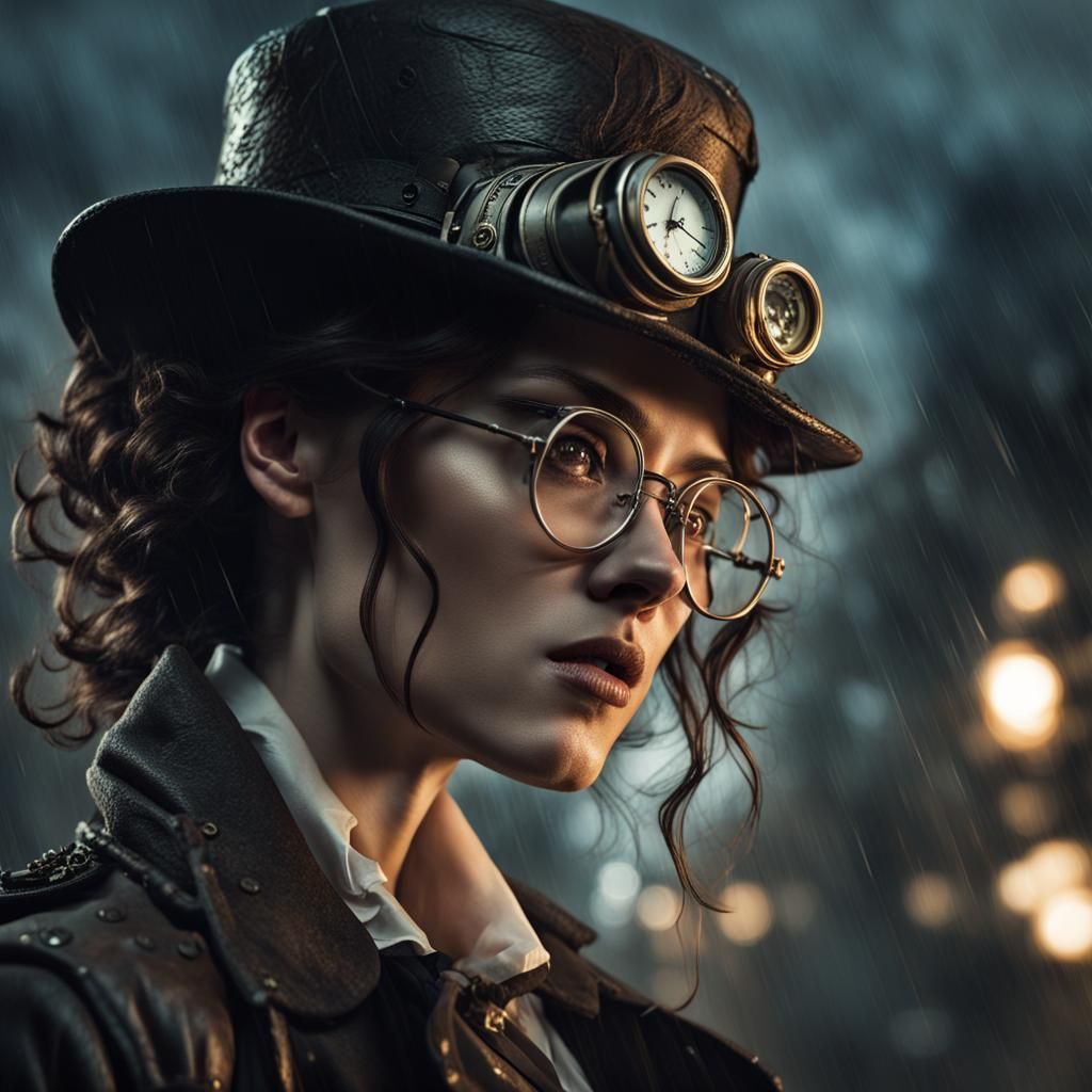 Steampunk Detective at Crime Scene in Cinematic Lighting