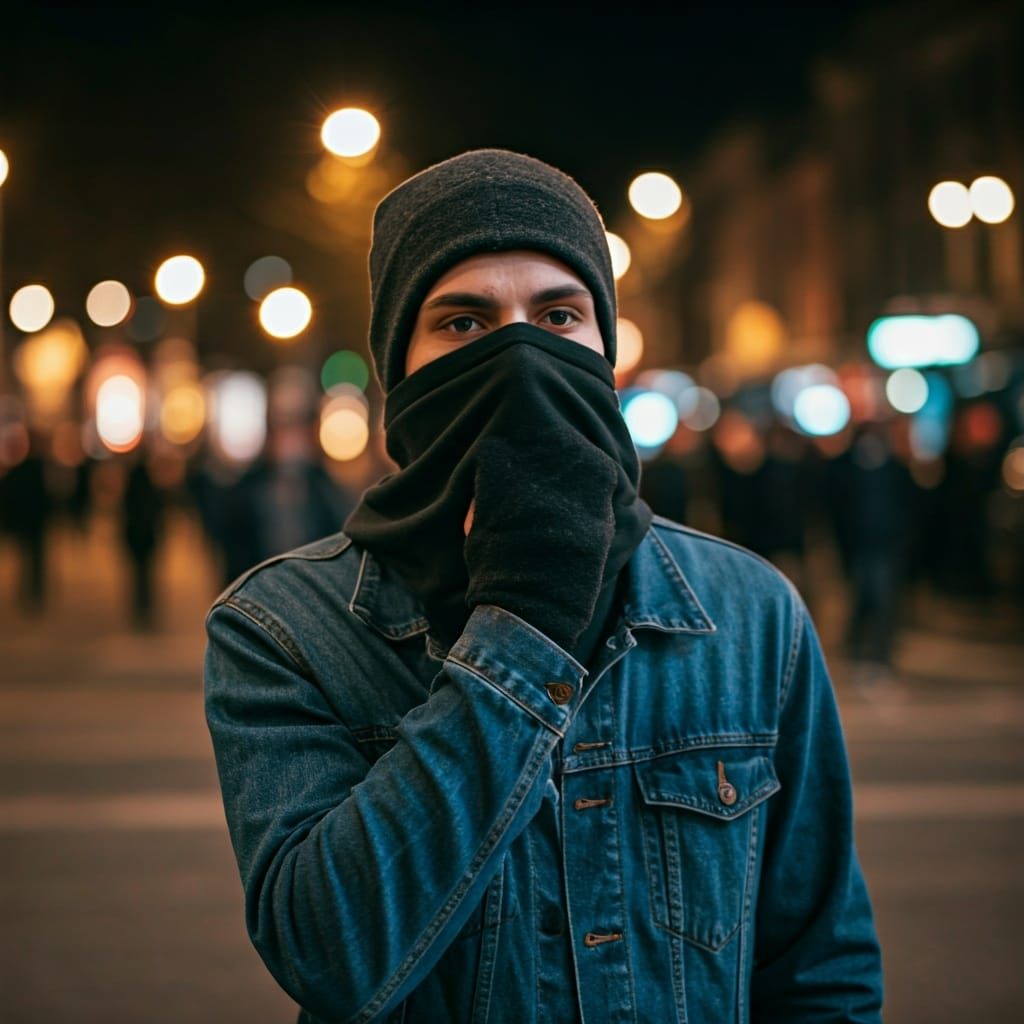 Shirtless Protester with Covered Face in Street