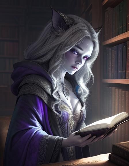 Enchanting Khajiit Sorceress Amidst Arcane Library