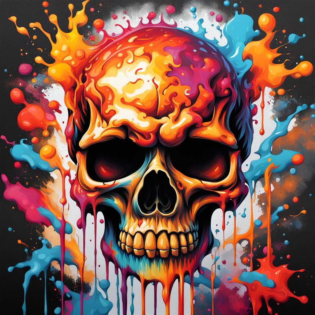 Flaming Skull Graffiti Art in Polychromatic Splash Style