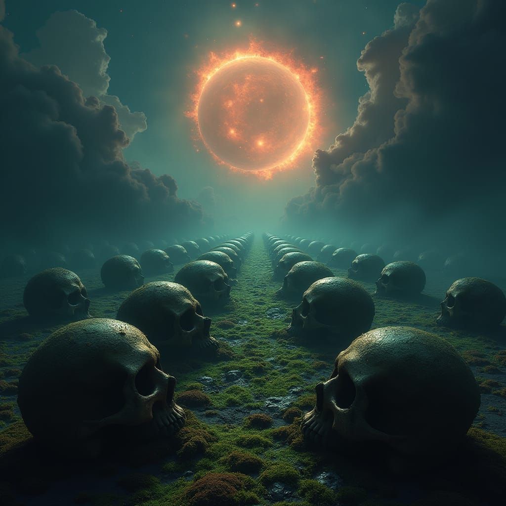Cosmic Dread: Skulls & Luminous Clouds in Dark Fantasy