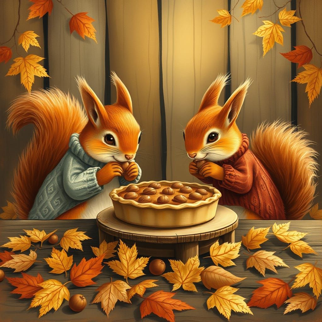 Squirrels Enjoy Autumn Hazelnut Pie in Cozy Whimsical Settin...