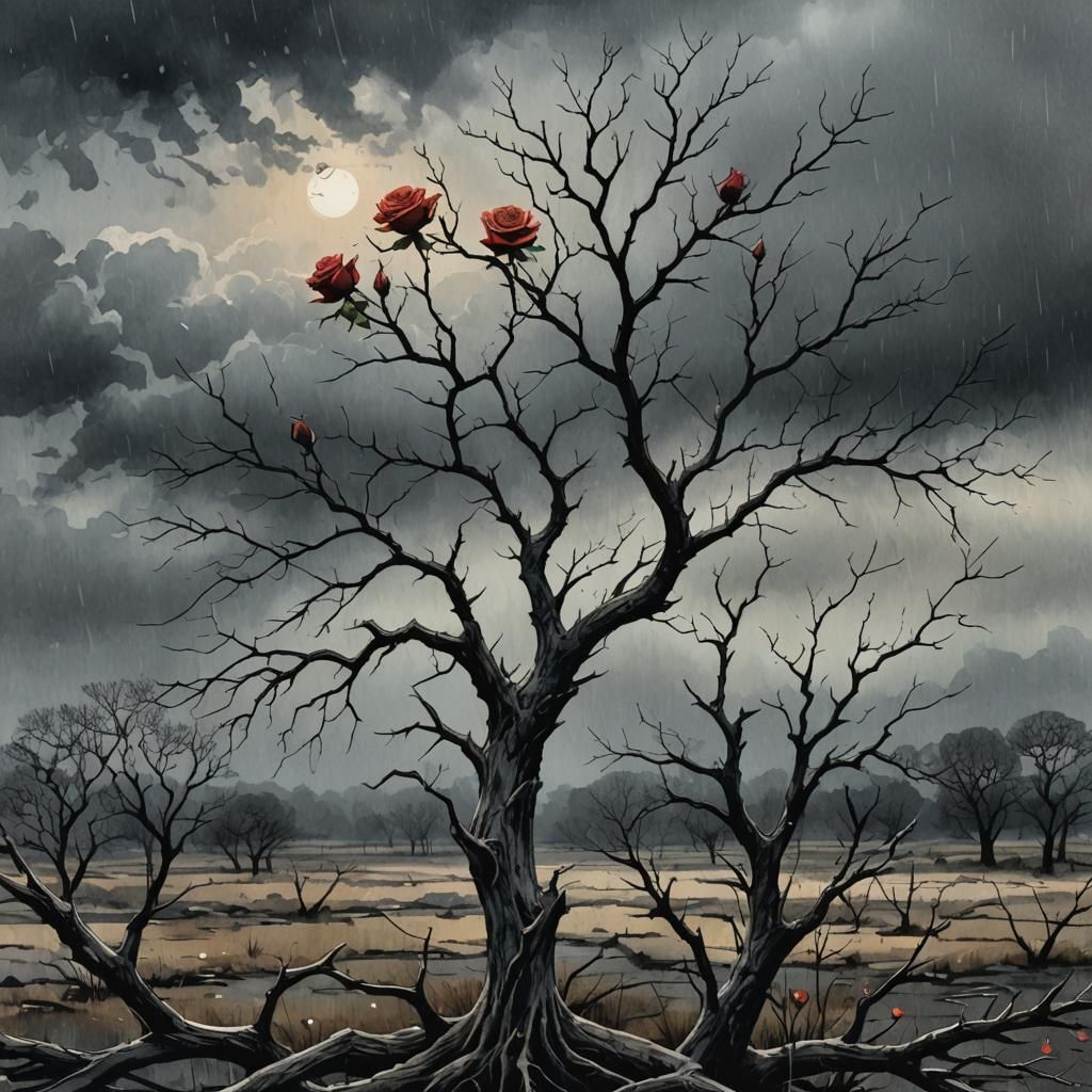 Desolate Barren Tree Landscape in Comic Book Style