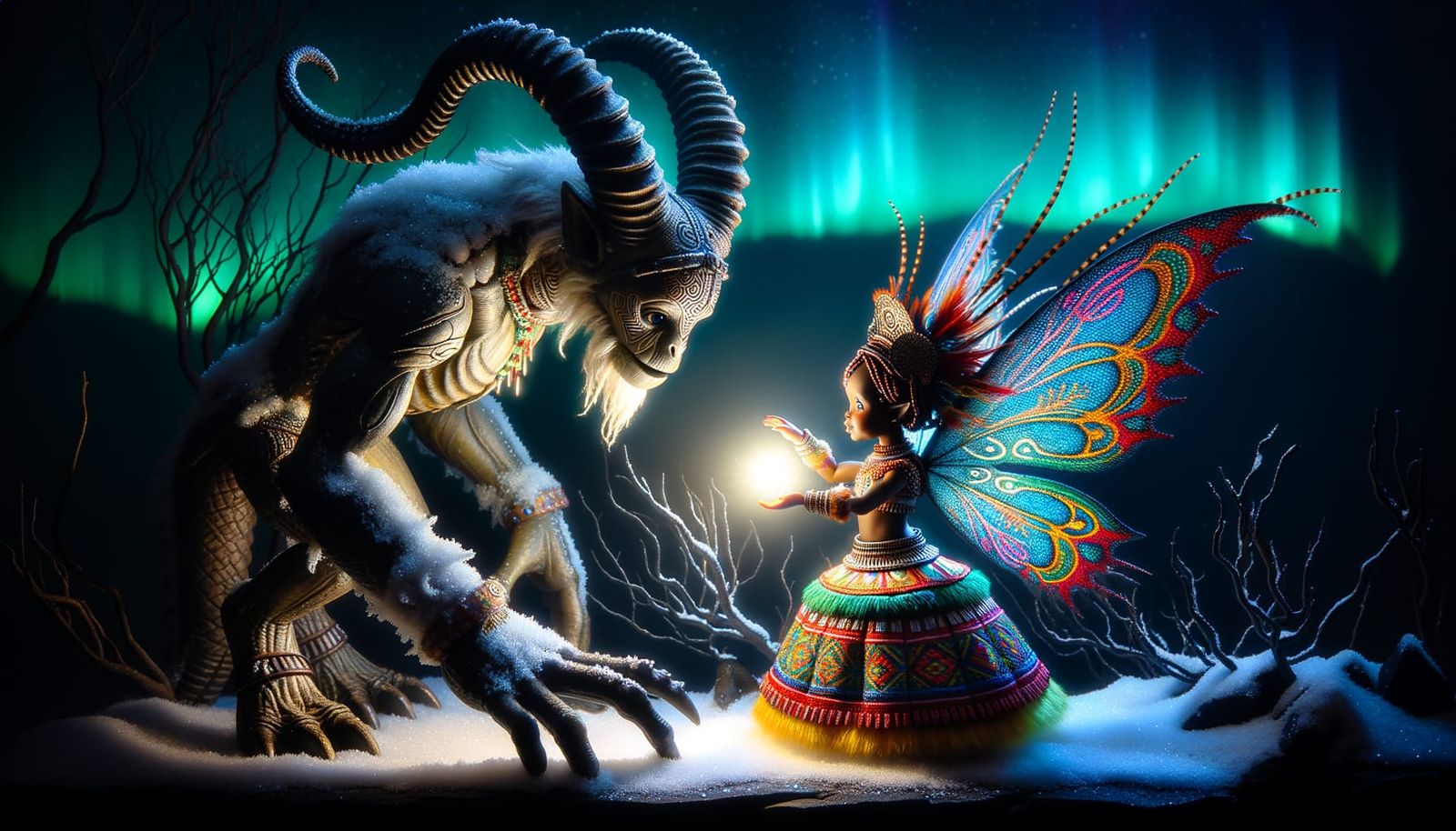 Winged African Faerie Offers Light to Snow Monster