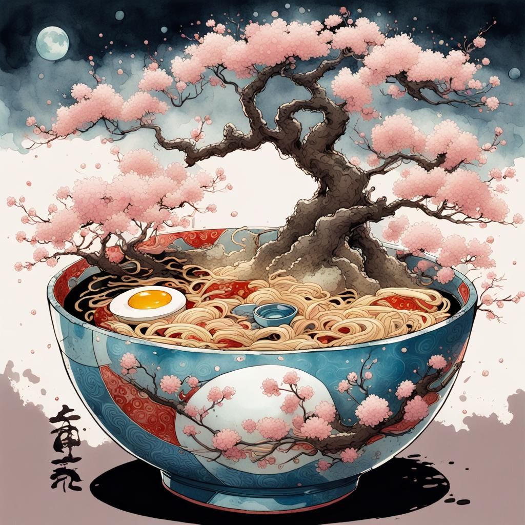 Fantasy Ramen Bowl Watercolor Illustration