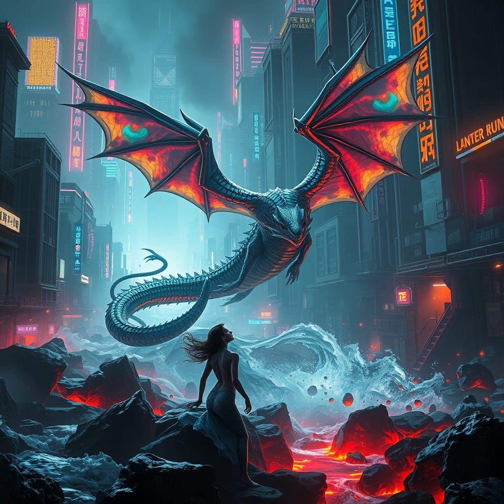 Cyberpunk Dragon Soars Above Lava and Water Realm