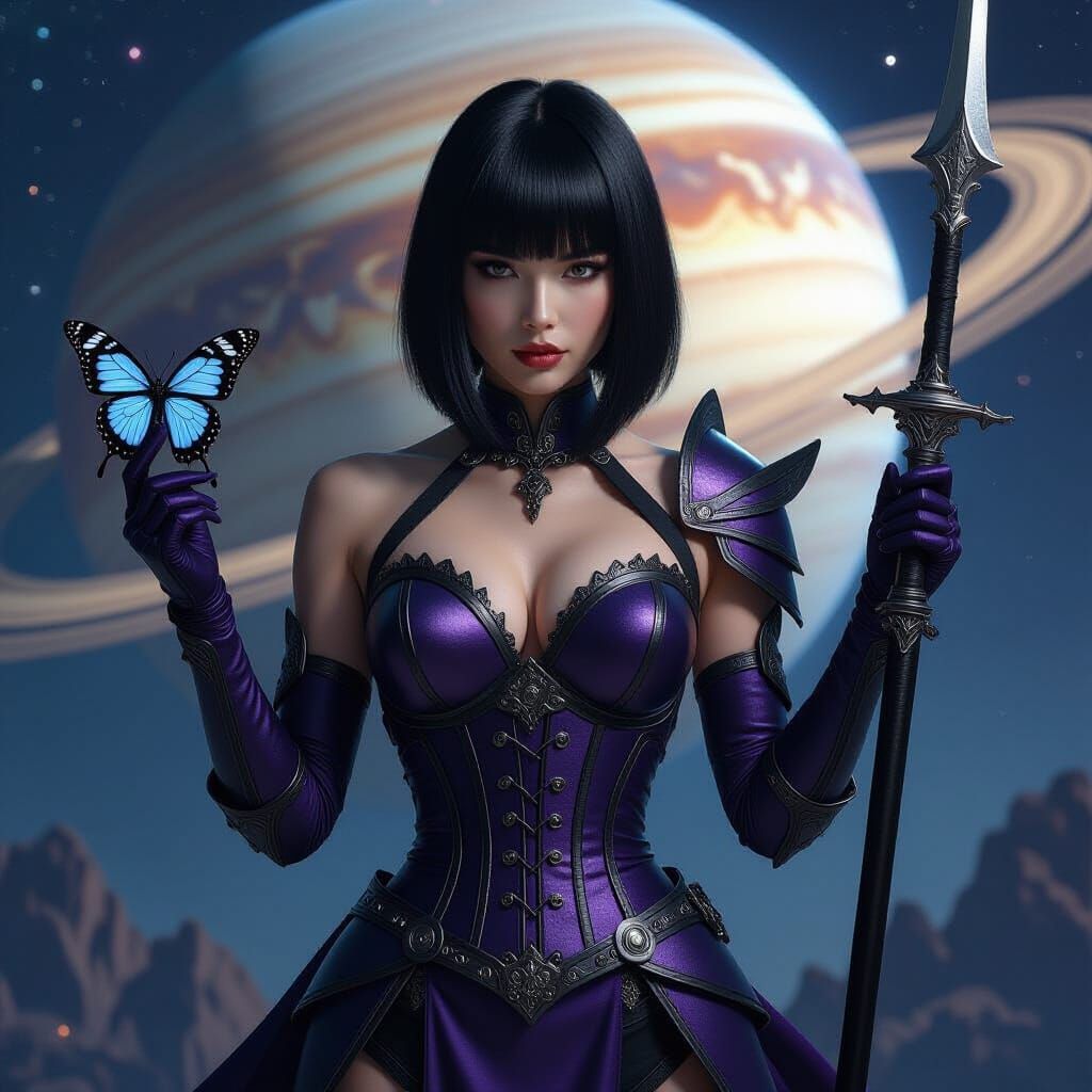 Warrior Goddess in Galaxy with Saturn