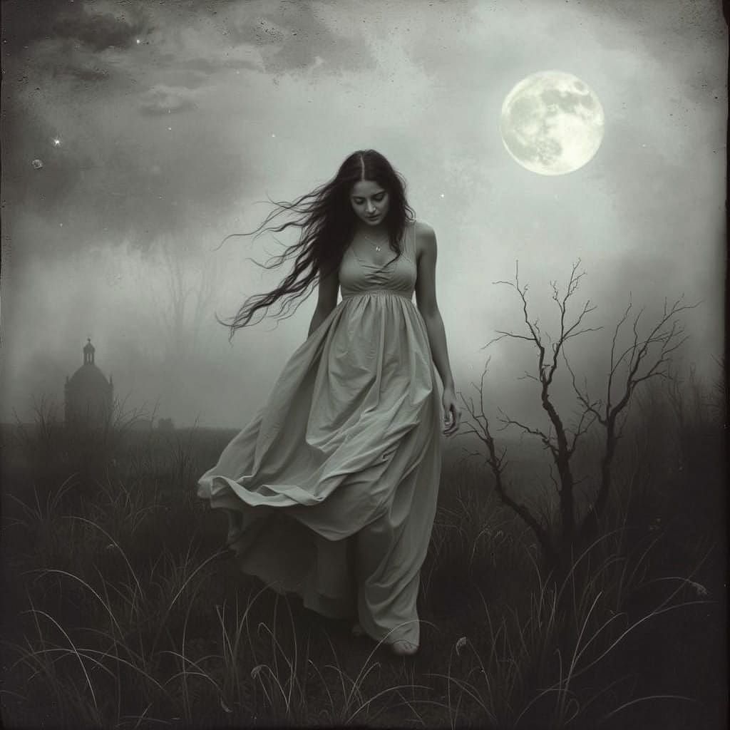 Mysterious Woman Seeks Refuge in Stormy Landscape, Under Moo...