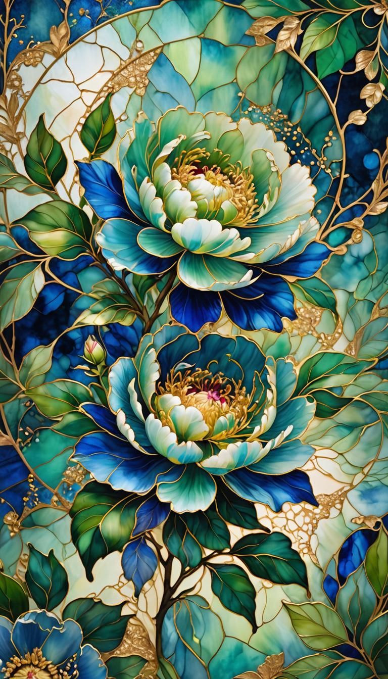 Cobalt Blue Peony with Gold Sparkles