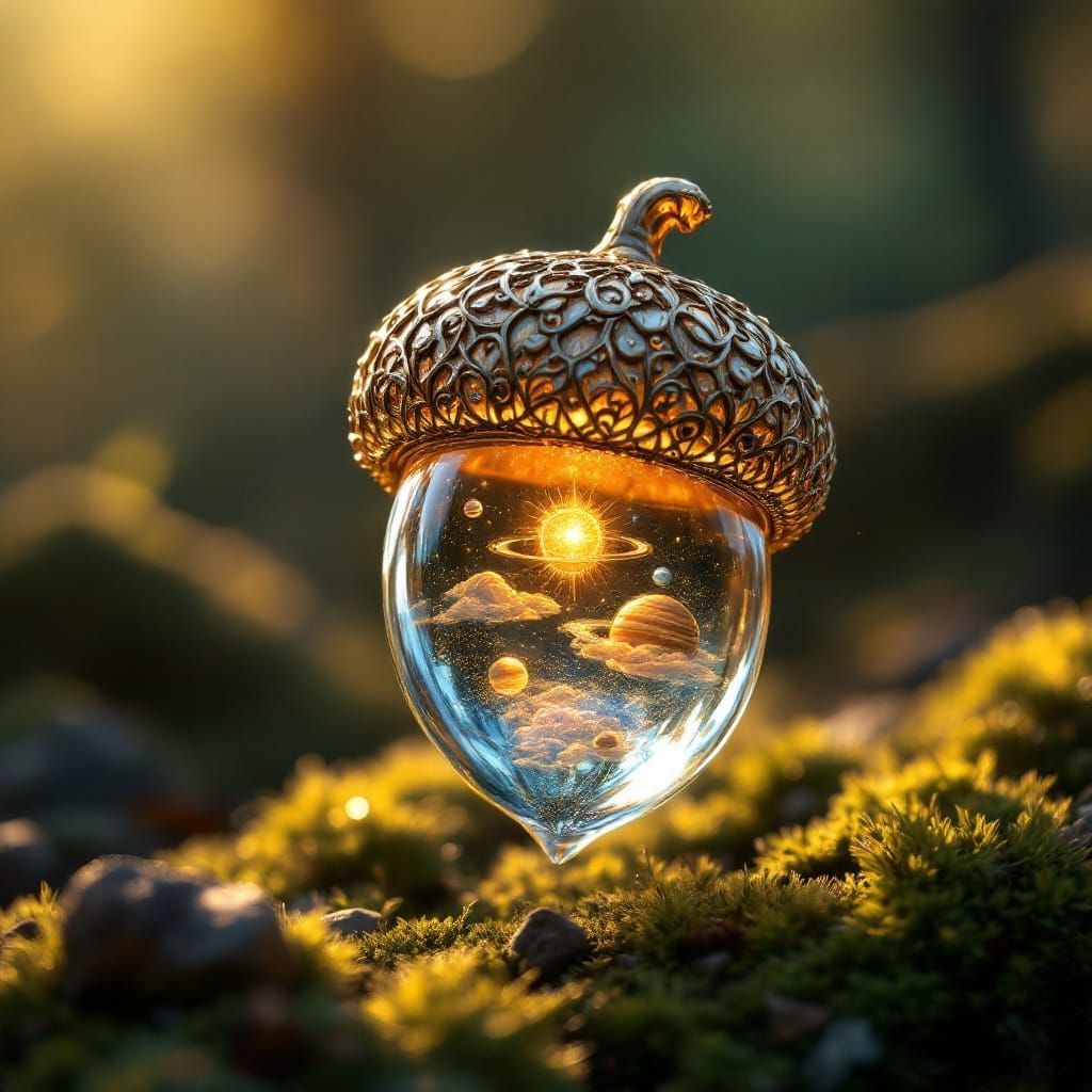 Glass Acorn with Miniature Solar System
