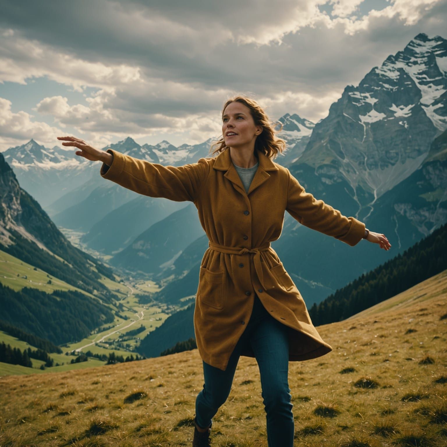 Woman with Golden Braids Dancing in Swiss Alps