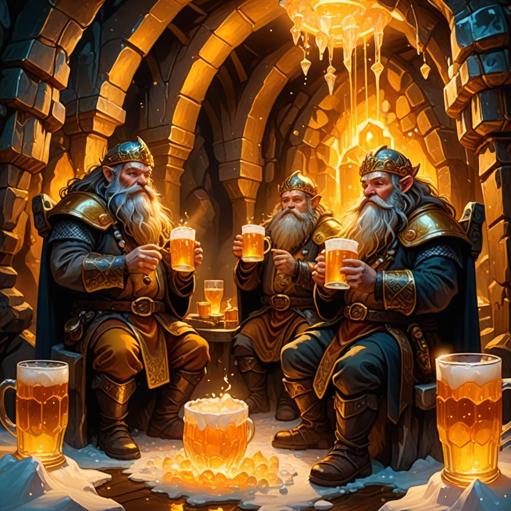 Dwarves Worshipping Beer Mugs in Fantasy Cavern