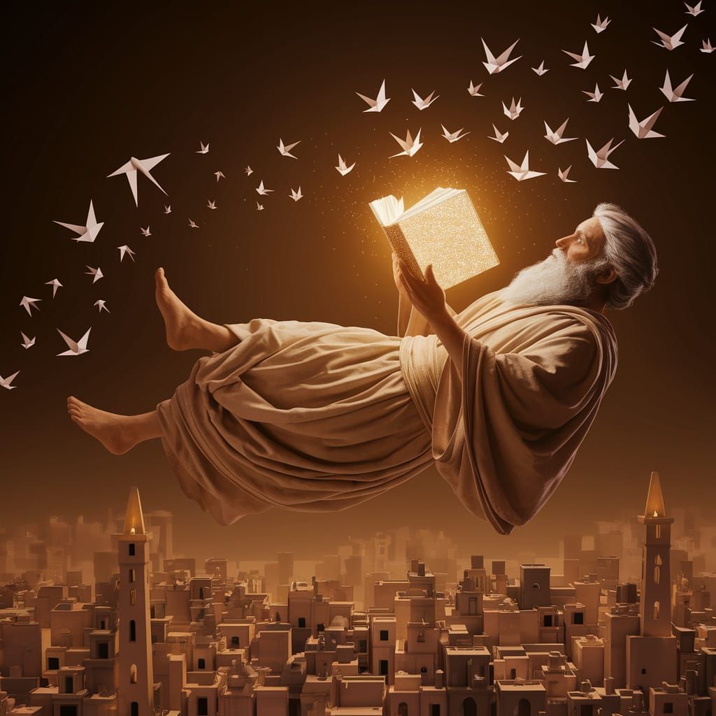 Muse Levitates Above City with Glowing Book