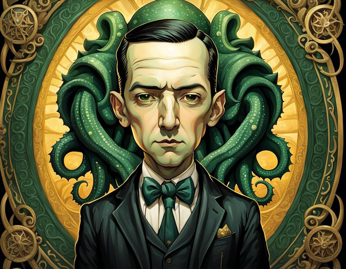 Chibi Lovecraft Portrait with Cthulhu, Decopunk Style