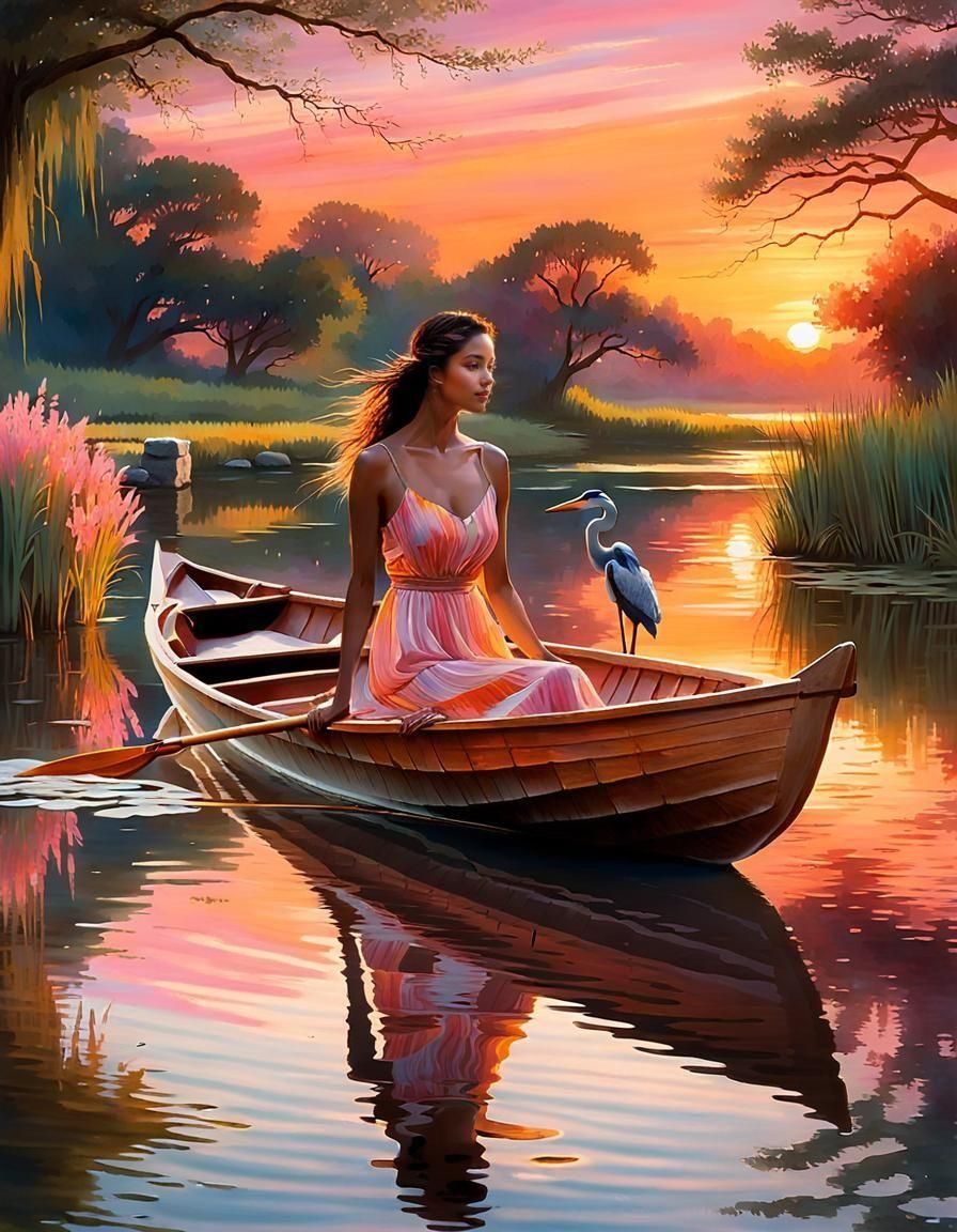 Sunset Serenity: Woman, Heron, and Boat in Dutch Master Styl...