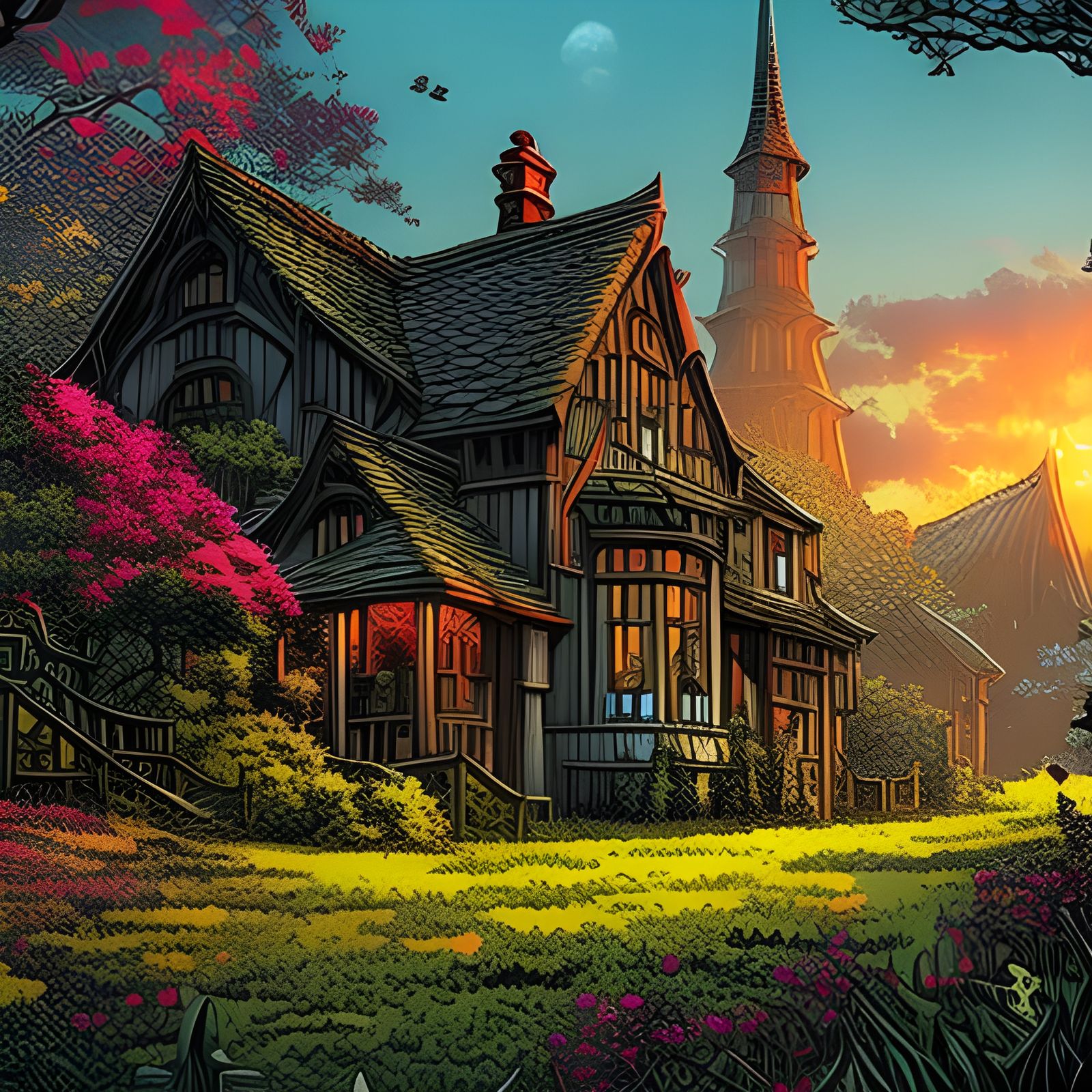 Victorian Cottagecore Village in Comic Book Art