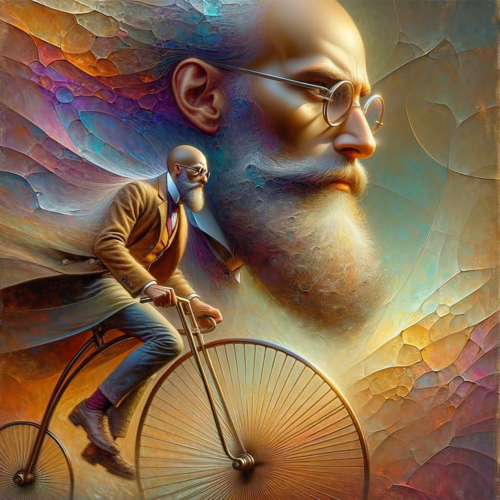 Surreal Portrait of Man on High-Wheeler Bicycle