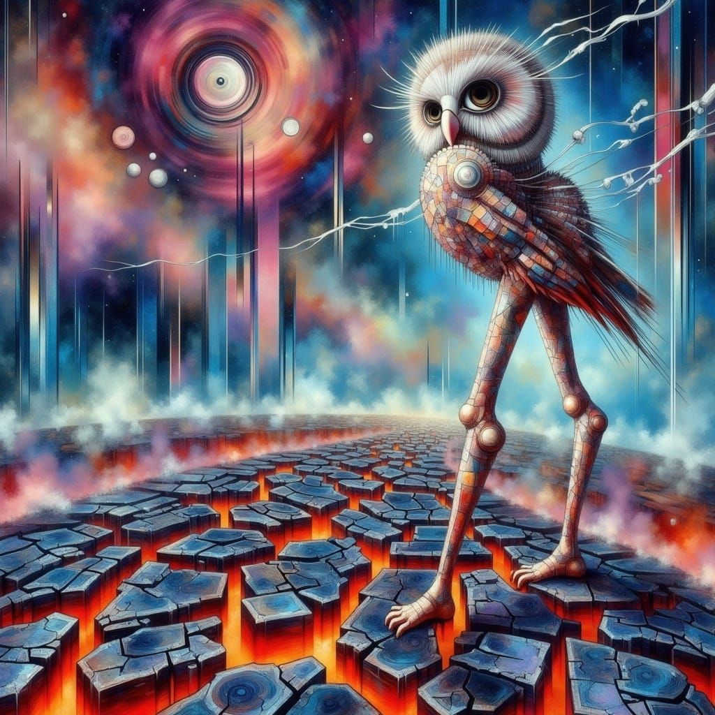 Surrealist Owl Hybrid in a Hyper-Detailed Alien Landscape