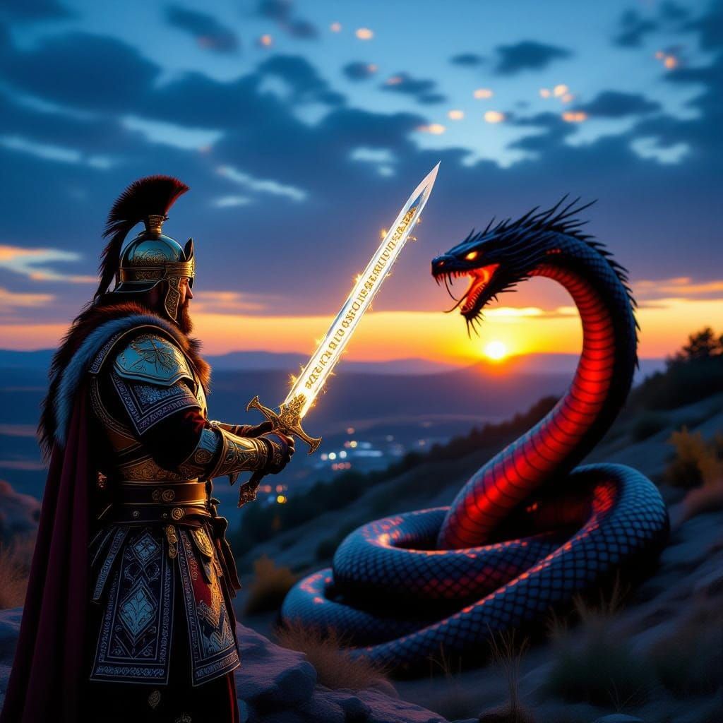 Ukrainian Warrior Confronts Mythical Serpent in Eerie Blue-Y...