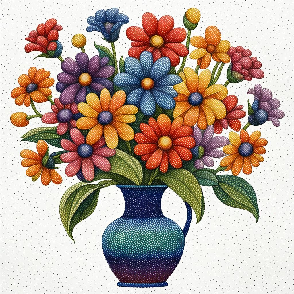 Pointillist Vase of Colorful Flowers