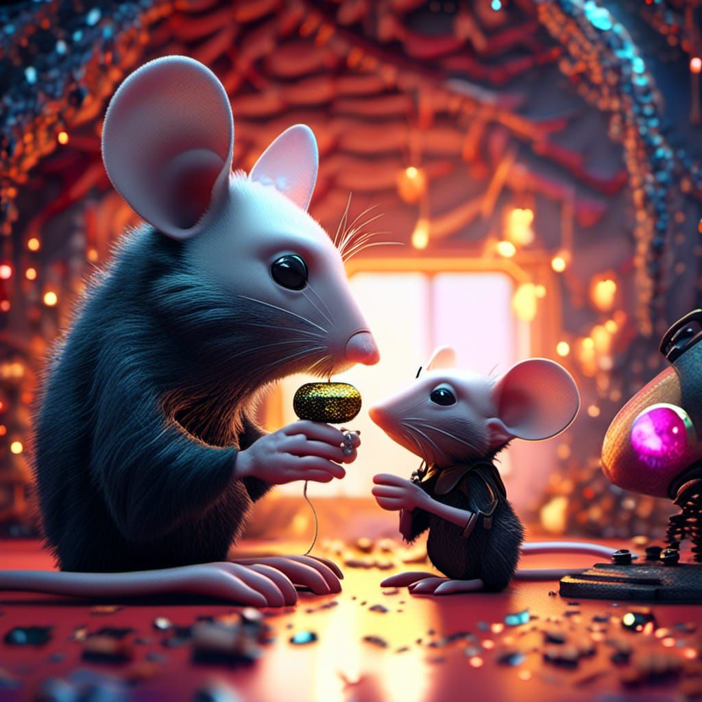 <lora:Strong Expression:1.0> a cyborg mole and a cyborg mouse talking and doing glitter magic in a moody mouse room