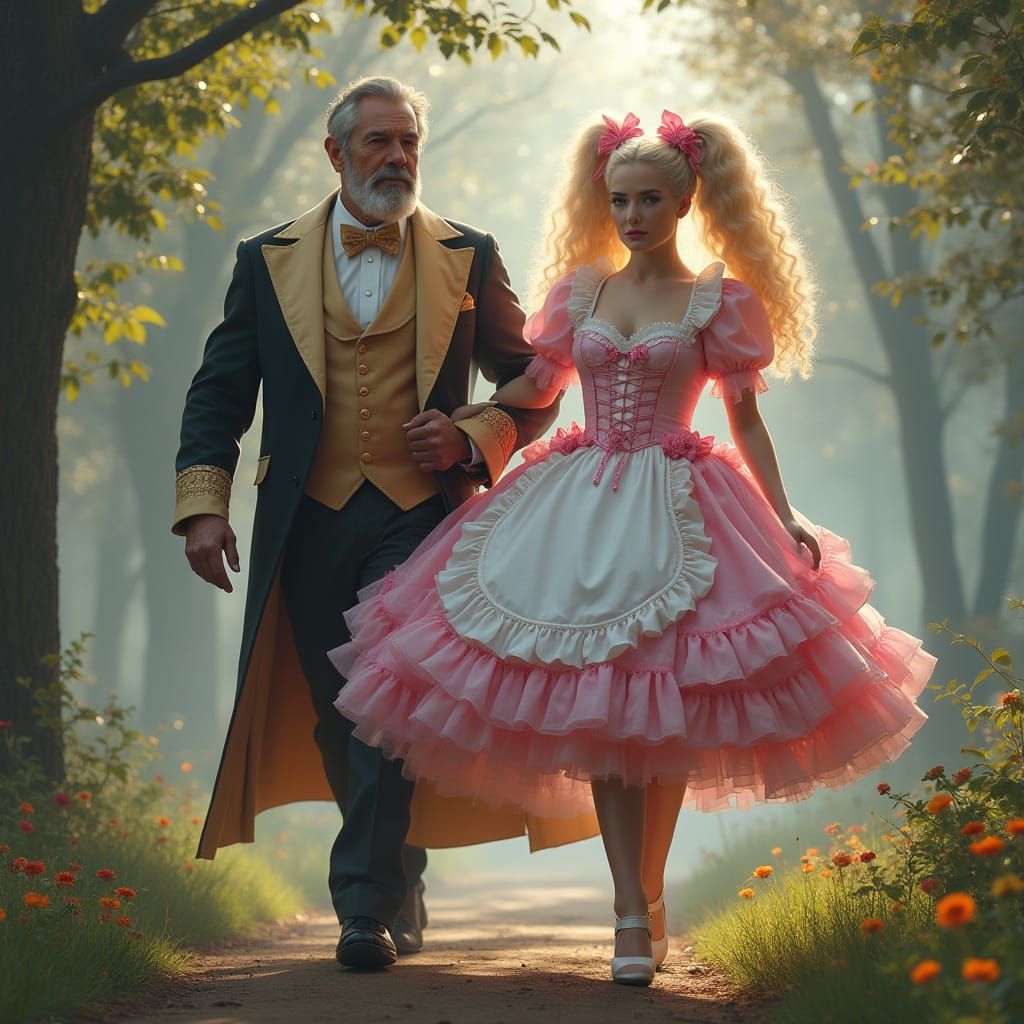 Regal Lord and Dainty French Maid Stroll in Enchanted Park
