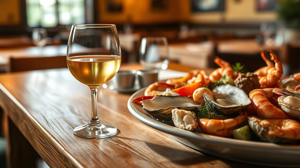 Cozy Restaurant Table with Wine and Seafood